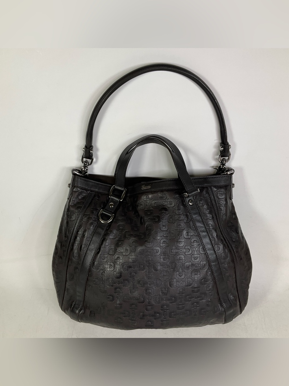 Gucci Abbey Medium Convertible Tote Bag Hosebit Embossed Leather Brown
